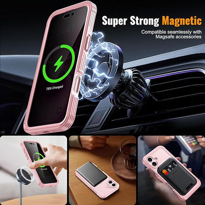 360° Protection Magnetic for iPhone 16 Case Built-in 9H Privacy Screen Protector & Metal Stand[Fit for Magsafe][Anti-Spy][Lens Protector] Heavy Duty Shockproof Phone Case for iPhone 16(Pink)