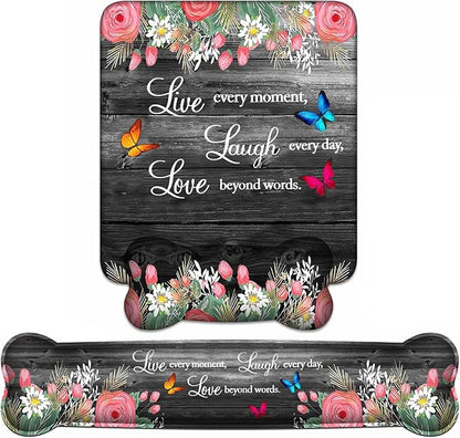 Keyboard Wrist Rest + Mouse Pad Wrist Support Set with Coasters, Non-Slip PU Base Ergonomic Mousepad for Home Office Working Studying Easy Typing & Pain Relief, Floral Quote Live Laugh Love