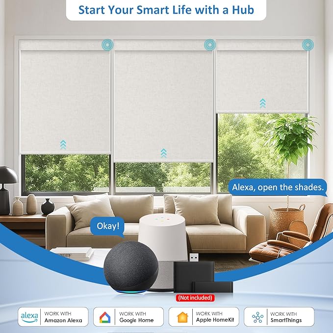 MANSNIX Smart Motorized Blinds with Remote, Cordless No-Drill Automatic Roller Shades, Blackout Electric Blind for Windows, Linen Stone, 30 x 72