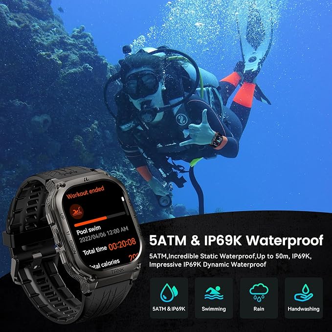 AMAZTIM Smart Watch, 60 Days Extra-Long Battery, 50M Waterproof, Rugged Military Bluetooth Call(Answer/Dial Calls), 2.0" Ultra Large HD Display, AI Voice Assistant (Shiny Black)