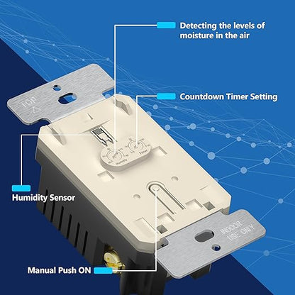 LIDER No Neutral Wire Required Humidity Sensor Switch, Automatic Humidity Control, Air Circulator, Adjustable Timing, 1-Pole, UL Listed, Light Almond, Wall Plate Included 2 Pack