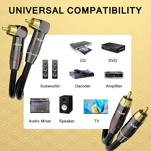RCA Cable 50 FT, 90 Degree Right Angle 2RCA to 2RCA Stereo Audio Cable, Zinc Alloy Shell, Gold-Plated Plug, 2 RCA Audio Cord, for Home Theater, Subwoofer, HDTV, Amplifier, Hi-Fi System, Car, Speaker