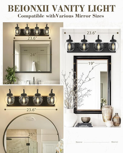 Beionxii 4-Light Bathroom Light Fixtures, Black Bathroom Vanity Light with Clear Glass Shade, Modern Vanity Lighting Fixtures Over Mirror Living Room Hallway, BX-VL03MB-4CG