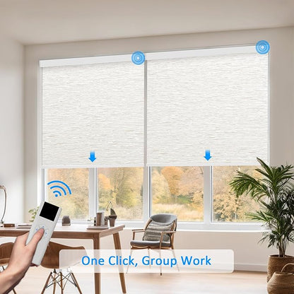 COOLWINDS Motorized Blinds with Remote Cordless Automatic Motorized Shades Custom Blinds for Windows Smart Curtains Compatible with Alexa Google Home(Light Filtering Jacquard Beige,W37 x H72in)