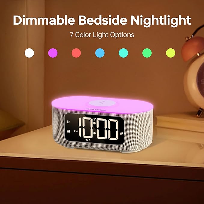 JALL Fabric Alarm Clock for Bedroom, with Big Led Screen Display, Bluetooth Stereo Sound Speaker, FM Radio, Fast Wireless Charging, USB Charging Port, Nightlight, White Noise, Ideal for Gift, Gray
