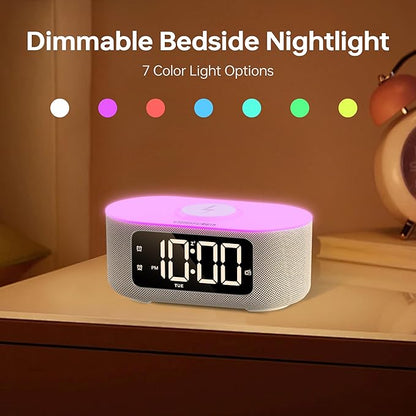 JALL Fabric Alarm Clock for Bedroom, with Big Led Screen Display, Bluetooth Stereo Sound Speaker, FM Radio, Fast Wireless Charging, USB Charging Port, Nightlight, White Noise, Ideal for Gift, Gray