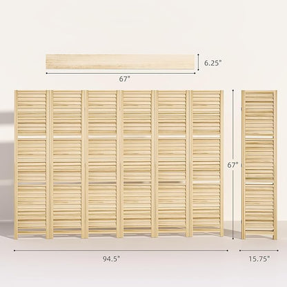 HOMCOM Room Divider, 6 Panel 67" Tall Wood Privacy Screen with 3 Display Shelves, and Folding Storage for Bedroom or Home Office, Natural Wood