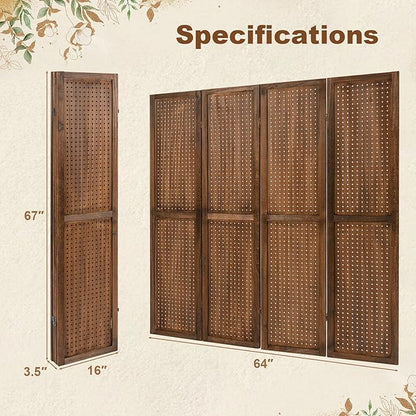 Giantex 4 Panel Pegboard Display & Room Divider, 5.6FT Folding Pegboard Stand for Crafting Show Jewelry Retail, Freestanding Privacy Screen, Wooden Partition Wall Divider for Room Separation, Brown