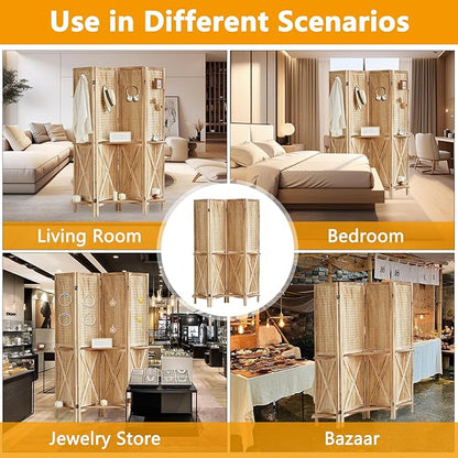 Aleesing 4 Panel Pegboard Display with 16 Hooks, Wooden Pegboard Room Divider Wall with Shelf, Partition Room Dividers and Folding Privacy Screens, Bedroom, Jewelry Store, Natural