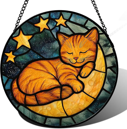 AMDERVEN Stained Glass Window Hanging - Orange Cat Sun Catcher for Door Home Decor Stars and Moon Suncatcher Christmas Mother's Day Birthday Loss of a Pet Gifts for Women Men Mom Nana 15 in
