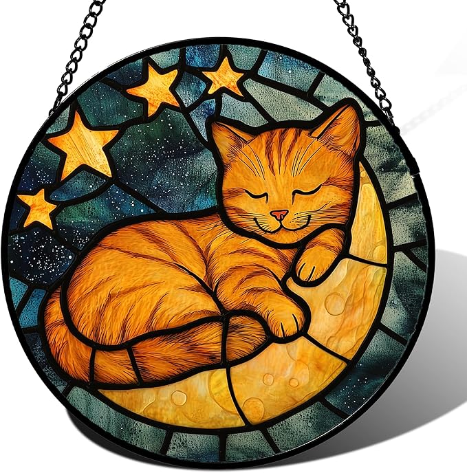 AMDERVEN Stained Glass Window Hanging - Orange Cat Sun Catcher for Door Home Decor Stars and Moon Suncatcher Christmas Mother's Day Birthday Loss of a Pet Gifts for Women Men Mom Nana 7.8 in