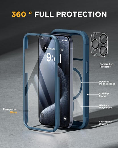 Miracase Magnetic for iPhone 15 Pro Max Case 6.7'' [Compatible with Magsafe] Full-Body Drop Proof Bumper Phone Case for iPhone 15 Pro Max with Built-in 9H Tempered Glass Screen Protector,Blue