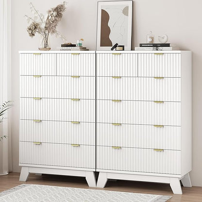 Xixini Fluted Dresser for Bedroom with 6 Drawers, 46" Tall Modern Chest of Drawers with Metal Handle, Wooden Dresser TV Stand, Wood Closet Clothes Storage Organizer for Living Room, Hallway, White