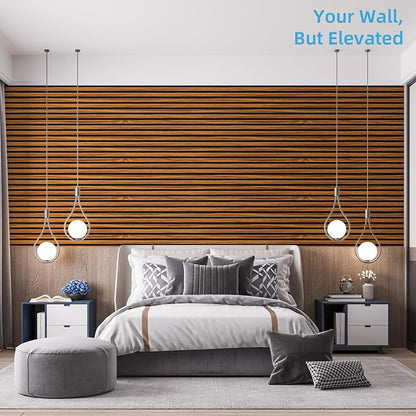 Art3d 4-Piece 94 x 12.6 Inch Acoustic Lightweight Slat Wall Panel - Waterproof Wood Textured Wainscoting Panel of 33 Sq.Ft for Bedroom, Home Theater Office Accent Wall, Teak