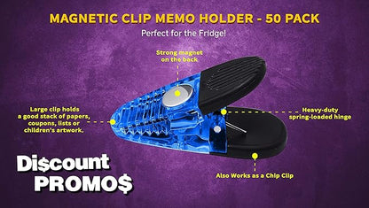 50 Magnetic Memo Holders Set - Customizable Text, Logo - Large Clip, Plastic - TBlue