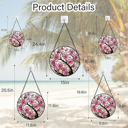CRISGIF Stained Glass Window Hanging - Cherry Blossoms Birth Flower Suncatcher for Door Garden Patio Sun Catchers Decor Christmas Mother's Day Birthday Gifts for Women Mom Nana Friend Wife 11.8 in