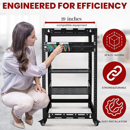 Pyle 20U Open Frame Server Rack - Wall Mount Network Rack for Servers, Networking & AV Gear - Heavy-Duty 19" Equipment, Includes 1U & 2U Vented Shelves for Airflow, Lockable Wheels - 440 lbs Capacity