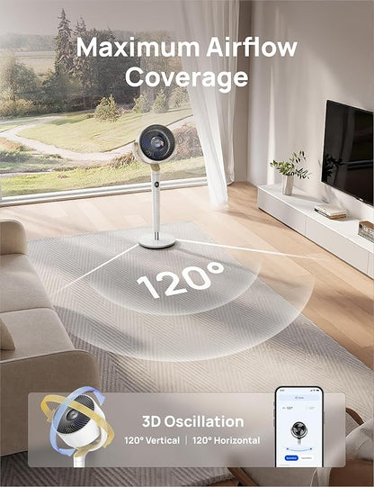 Dreo Smart Fan for Bedroom, 120° +120° Omni-Directional Oscillating Fans, 90ft Quiet Pedestal Fan with RGB Light, 9 Speeds, 6 Modes, 20dB, 8H Timer, Wi-Fi/Voice/Alexa, 37-42" Floor Fans with Remote