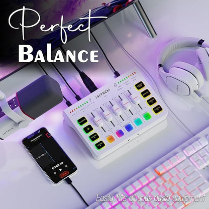 IXTECH Gaming Audio Mixer 4 Channel Soundboard, Streaming RGB PC Audio Interface with XLR Microphone Support, Audio Equalizer for Gaming Podcast Streaming Karaoke, Individual Volume Controls (White)