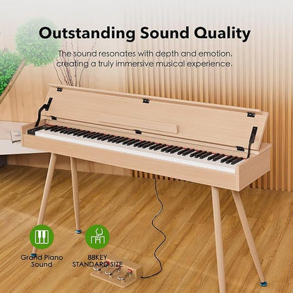 KUMENG Digital Piano 88 Key Weighted Keyboard,Full-Size Desk Progressive Hammer-Action Electric Piano For Beginners, With Sheet Music Stand, Pedal,Power Adapter, Headphone Mode, Usb-Mid (Maple)