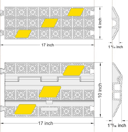 OranLite 6 Pack 2-Channel Rubber Cable Protector Ramp, 17" x 10" x 1.8" inch Interlocking Floor Wire Cord Cable Cover, Visible at Night, Durable Rubber Speed Bump Hump Ramp (2-Channel 6 Pack)