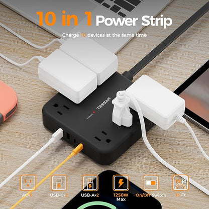TESSAN Flat Plug Extension Cord 15 Ft, 2100J Surge Protector Power Strip with 6 Outlets and 4 USB Ports (2 USB C), PD 20W Fast Charger, Multiple Charging Station for Home Office Dorm Room, Black