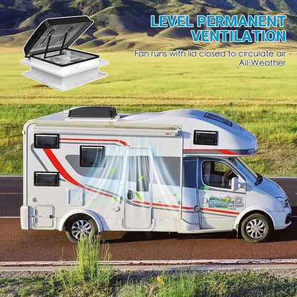 2012 14" RV Roof Vent Fan with LED Light, Air Max Reversible Exhaust Vent, Ultra Low Noise 12V - 24V Ceiling Fan with Remote and Rain Sensor for Camper, Trailer, Van, Motorhome Ventilation