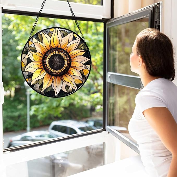 CRISGIF Stained Glass Window Hanging - Sunflower Suncatcher for Door Garden Patio Retro Flower Sun Catchers Decor Christmas Mother's Day Birthday Gifts for Women Mom Nana Friend Wife 6.3 in