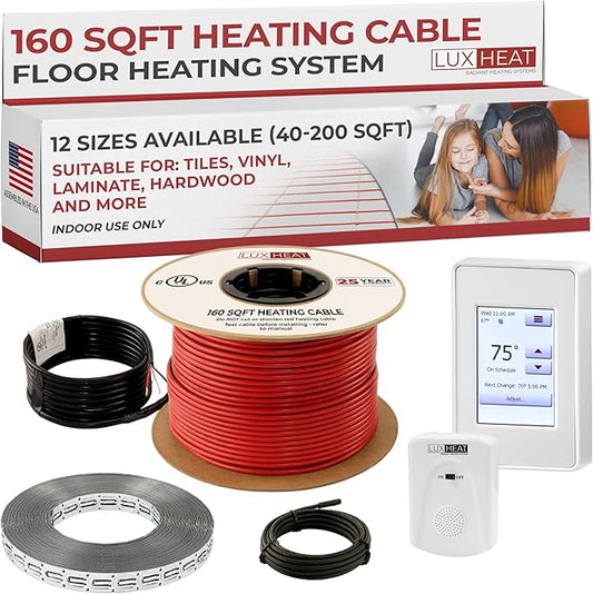 LuxHeat 160sqft Floor Heating Cable Kit - 240v Under Tile Floor Heater Kit - Heated Flooring System Includes UDG4 Programmable Thermostat w/GFCI, Heating Cable, Strapping, Flooring Sensor & Alarm