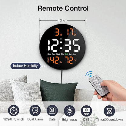 Brauthon Large Digital Clock for Classroom, Digital Classroom Clocks for Teachers, 10" Round LED Clock with Large Display，Date, Countdown Timer, Remote Control, Temperature, Electric (Orange)