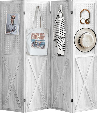 ALeesing 4 Panel Pegboard Wood Room Divider, 5.6Ft Pegboard Display Folding Privacy Screens, Peg Board Display Freestanding for Trade Show Craft Show Home Wall Organizer, Retro White