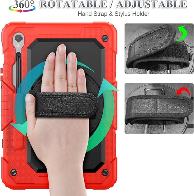 SEYMAC stock Case for Samsung Galaxy Tab S10 FE / S9 / S9 FE 5G Tablet Case Protective with Screen Protector, Pencil Holder, 360 Rotate Stand, Hand Strap, Shoulder Strap, Red