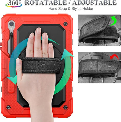 SEYMAC stock Case for Samsung Galaxy Tab S10 FE / S9 / S9 FE 5G Tablet Case Protective with Screen Protector, Pencil Holder, 360 Rotate Stand, Hand Strap, Shoulder Strap, Red