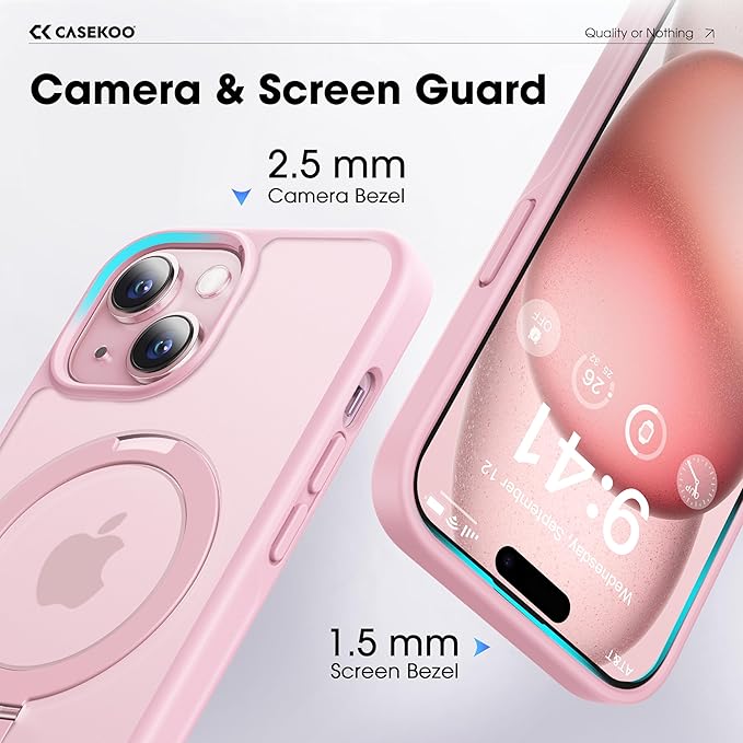 CASEKOO Designed for iPhone 15 Case with Magnetic Invisible Stand [Military Drop Protection] [Compatible with MagSafe] Shockproof Slim Translucent Matte Case 6.1 Inch, Pink