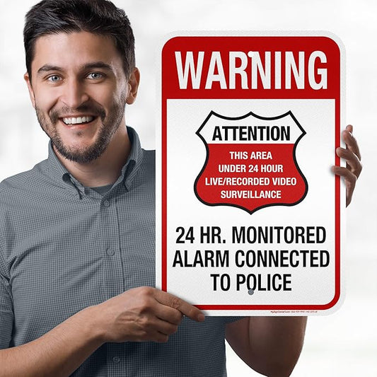 Warning 24 HR. Monitored Alarm Connected To Police Sign, 12x18 Inches, 3M EGP Reflective, Rust Free .063 Aluminum, Fade Resistant, Made in USA by My Sign Center