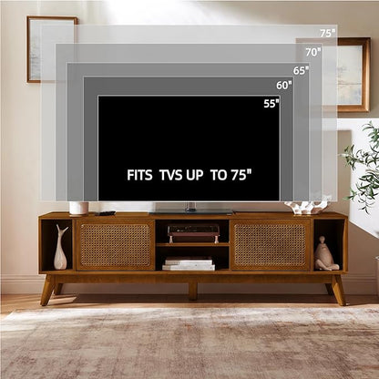 LKTART 68 Inch Mid Century Modern TV Stand with Rattan Doors, MCM Entertainment Center Media Console for 60/65/70/75 inch TVs, Long Boho Television Stand for Living Room, Light Walnut