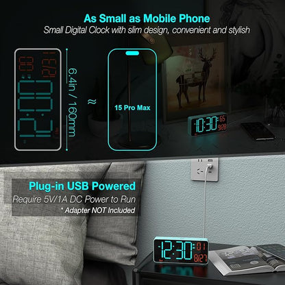 KOSUMOSU Alarm Clock for Bedroom, 6.7in Small Digital Clock, Auto Dimming, Room Temperature, Day of The Week, Date, Alarm Clocks for Living Room, Desk Clocks