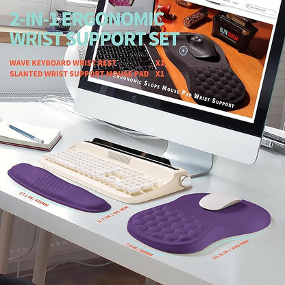 KUOSGM 2-in-1 Ergonomic Set, Wave Rise Keyboard Wrist Rest and Massage Bulge Slope Mouse Pad Wrist Support, Cushion Memory Foam Integrated to Relieve Wrist Pain, Dark Purple