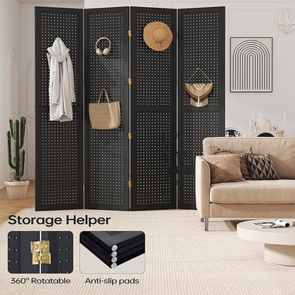 DURASPACE 4 Panel Room Divider 5.6 FT Pegboard Display Folding Wood Privacy Screen Pegboard Stand Organizer for Jewelry, Craft, Cloth, Art Display (Black)