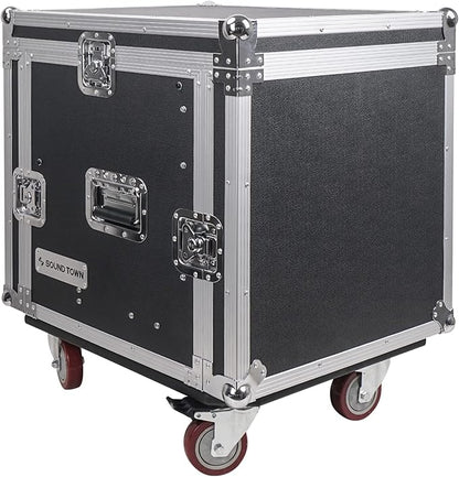 Sound Town 10U PA DJ Pro Audio Rack/Road ATA Case with 2U Drawer, 11U Slant Mixer Top, DJ Work Table, Casters, Pro Tour Grade (MR-DR10U)