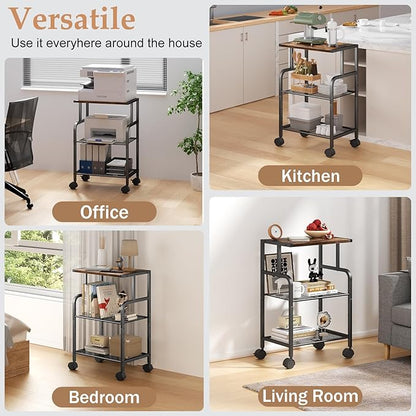 Alexayhome Printer Cart with Wheels,Small Printer Stand with Storage, Printer Table for Home Office, 3 Tier Cart with Adjustable Shelf, Supports Up to 80 Lbs for Home Office, Kitchen, Living Room