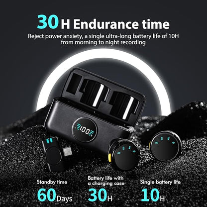 Wireless Lavalier Microphone with Charging Case,AI Noise Reduction,30H Endurance Time,Mini Wireless Microphone for iPhone 15 16/Android with USB-C,Mini Mic for Video Recording,YouTube,Vlogging