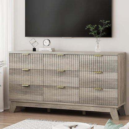 Xixini Fluted Dresser for Bedroom with 9 Drawers, 57" Wide Modern Chest of Drawers with Metal Handle, Wooden Dresser TV Stand, Wood Closet Clothes Storage Organizer for Living Room, Hallway, Grey