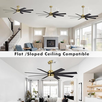 WINGBO 60" Large DC Ceiling Fans with Lights and Remote, 3 Downrods, 8 Plywood Blades, 6-Speeds Reversible DC Motor, 3CCT, Indoor Ceiling Fan for Bedroom Living Room Patio, Brass and Black