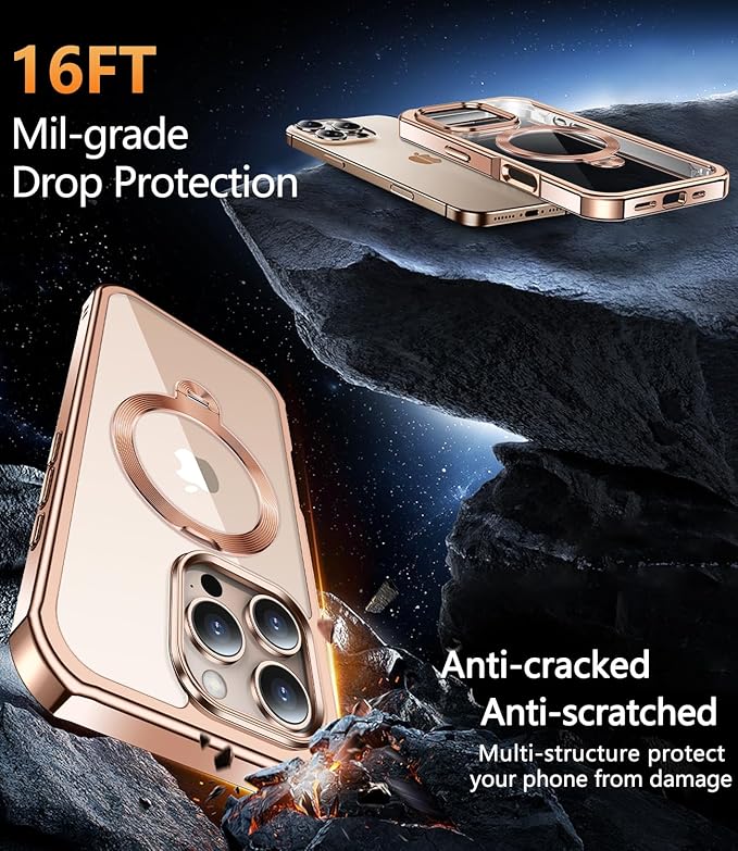 [360° Rotatable CD Stand & Built-in Privacy Screen Magnetic Case for iPhone 16 Pro Max [Compatible with MagSafe & Full Signal] Shockproof Full Body Anti-Spy Cover for 16 Pro Max-Desert Gold