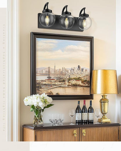 Beionxii Black Bathroom Vanity Light, 3-Light Bathroom Light Fixtures with Clear Glass Shade, Modern Vanity Lights Over Mirror Living Room Hallway, BX-VL03MB-3CG