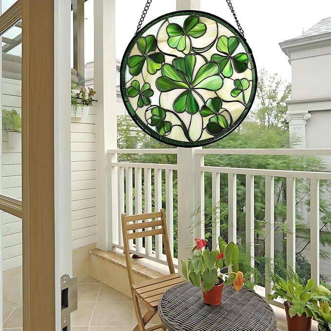CRISGIF Stained Glass Window Hanging - Ireland Green Lucky Clover Suncatcher for Doors Garden St. Patrick's Day Sun Catchers Decor Mother's Day Birthday for Women Men Mom Nana 11.8 in