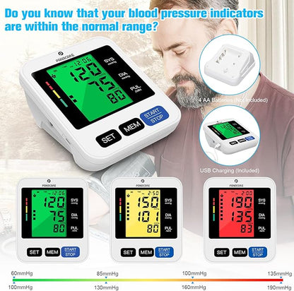 Panacare Blood Pressure Machine, Automatic Upper Arm Blood Pressure Monitor for Home use, 2x99 Readout and BP Cuff, 3.4" 3-Color Backlit Screen, Adjustable Large Cuff (8 to 16 inches), Black
