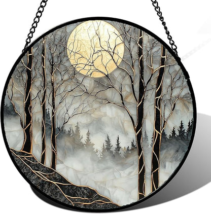 AMDERVEN Stained Glass Window Hanging - Black and White Gold Moon Forest Sun Catcher for Door Home Decor Suncatcher Christmas Mother's Day Birthday Gifts for Women Men Lovers Mom Nana 11.8 in
