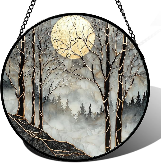 AMDERVEN Stained Glass Window Hanging - Black and White Gold Moon Forest Sun Catcher for Door Home Decor Suncatcher Christmas Mother's Day Birthday Gifts for Women Men Lovers Mom Nana 7.8 in